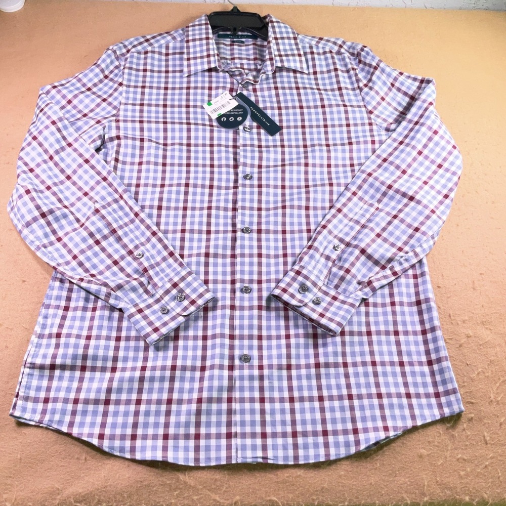 Perry Ellis Slim Fit Gingham Plaid Shirt Mens Large Purple Blue Water Repellent